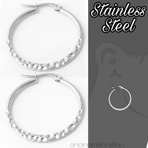 Jewelry - Stainless Steel Hammered Texture Hoop Earrings
